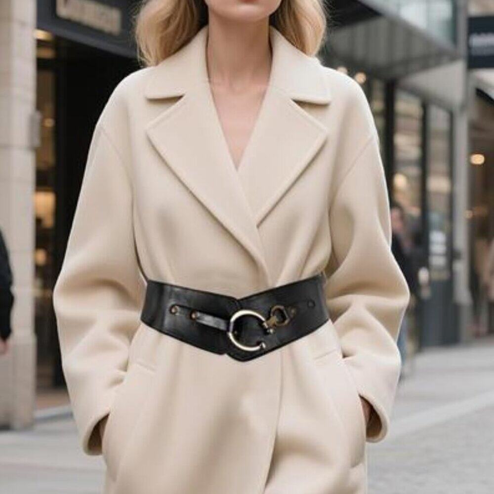 Women's Wide Elastic Waist Belt  Black Vegan Leather Stretch Interlock Buckle